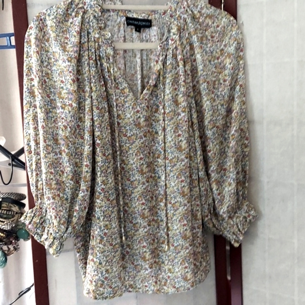 Cynthia Rowley Floral Ruffle V Cut Tie Boho Blouse Top Sz S
